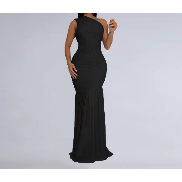 ชุดBodyconผู้หญิงหนึ่งไหล่SkewคอสูงแยกจีบHem Maxiชุดฤดูใบไม้ร่วง 2025 ชุดราตรีเซ็กซี่Club Party Vestidoกระโปรง