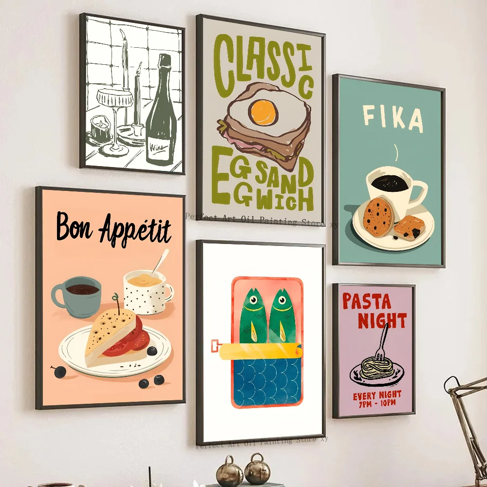 1PC Moderne Küche Leckeres Essen Sardinen Kaffee Vintage Poster Papier Druck Hause Wohnzimmer Schlafzimmer Eingang Bar Restaurant