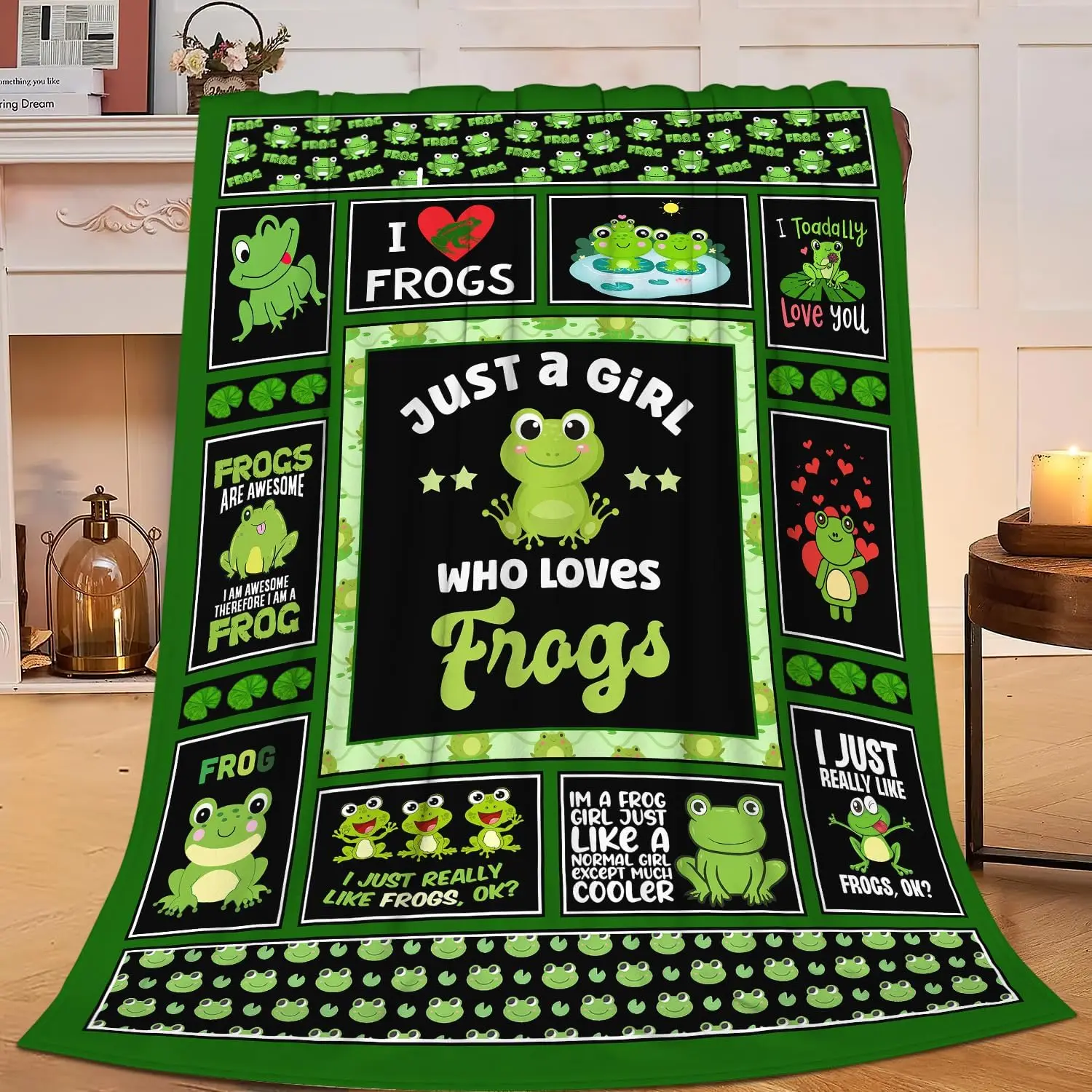 Black Green Base Cartoon Frog Text Collage Lotus Full Print Fluffy Throw Blanket, Warm Soft Couch Frog Lover Teen Home Gift