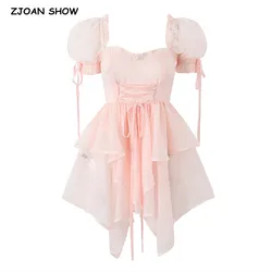 2023 Sweet Princess Cross Rope Bow Front Irregular Ball Gown Organza Dress Women Short Puff Sleeve Swing Mini Fairy Cake Robe