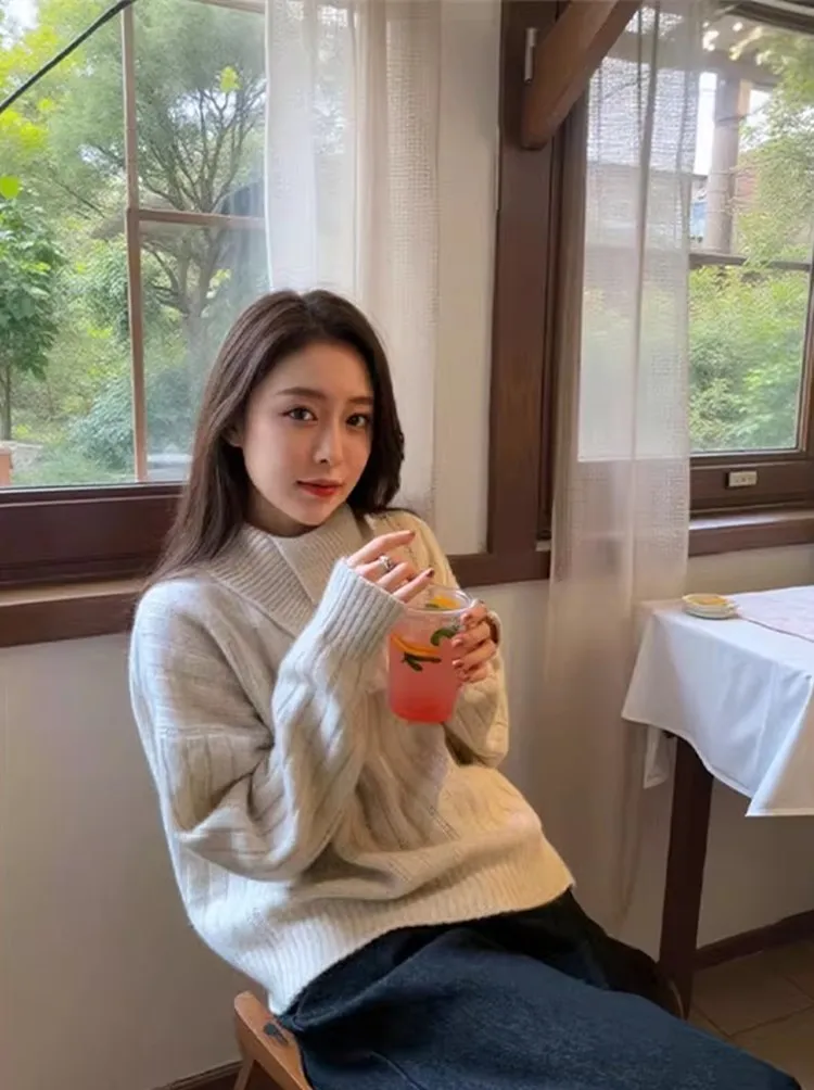 

Merino 100% Wool Women's Pullover Collar Irregular Shape Autumn Winter Basic Design Thickened Casual Knitted Cashmere Sweater