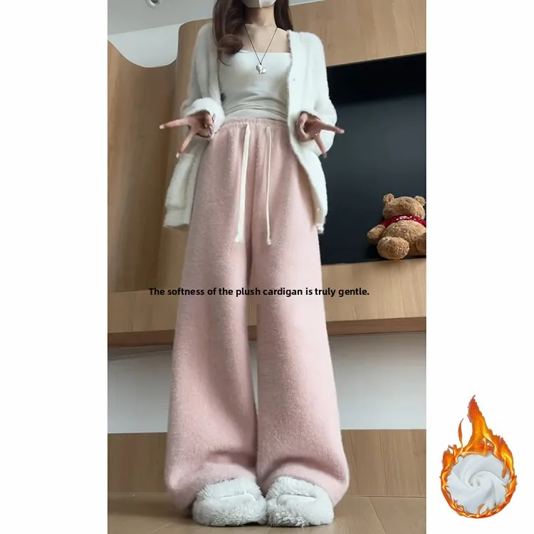 Pink Mink Velvet Fce Lined High Waist Dra Thiened Straight Leg Floor Length Pants Women's Autumn Winter New Arrival