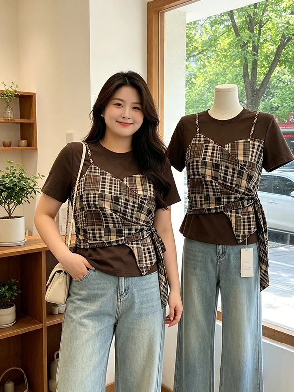 

Slimming Checkered Belted Strap Top Short Sleeve Women's round Neck Fake Two-Piece Design Summer T-Shirt Breathable Casual Wear