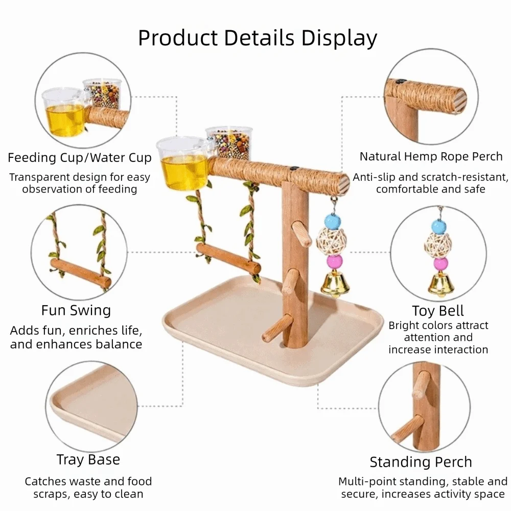 Wooden Parrot Tray Rack Bite Resistant Wear Resistant Parrot Standing Stick with Feeding Box Durable Parrot Perch Shelf