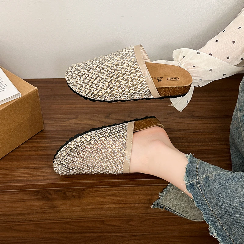 Vollbesetzte Diamant-Zehenpartie Halbpantoffeln für Damen, Sommerliche Outdoor-Sandalen mit Weicher Sohle und Netzdesign