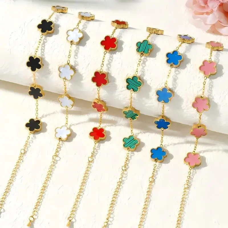 Pulsera de acero inoxidable de doble cara con pétalos de cinco hojas, flor, trébol chapado en oro, joyería de moda para mujer
