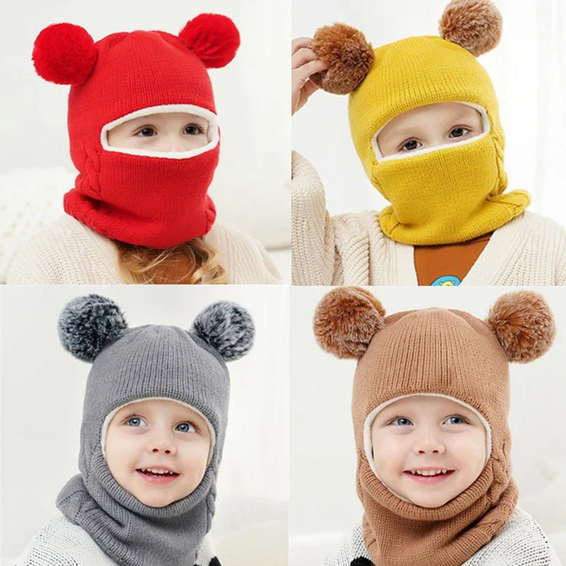 Winter Children's Hat With Integrated Scarf and Velvet Ear Protection Cover Baby Knitted Children's Jumpsuit Hat