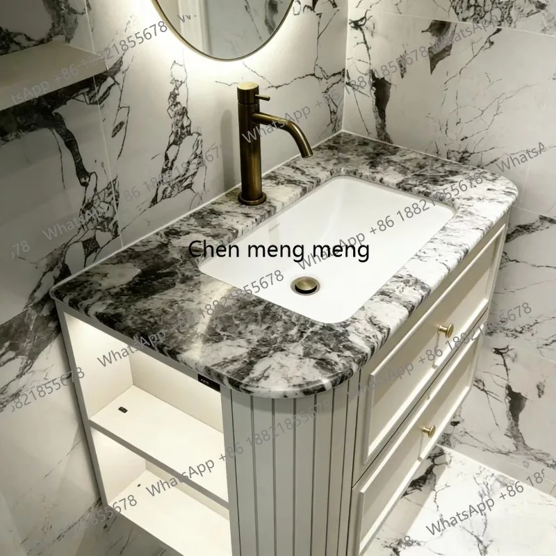 

French cream bathroom cabinet combination bathroom luxury stone washbasin washbasin intelligent solid wood bathroom cabinet