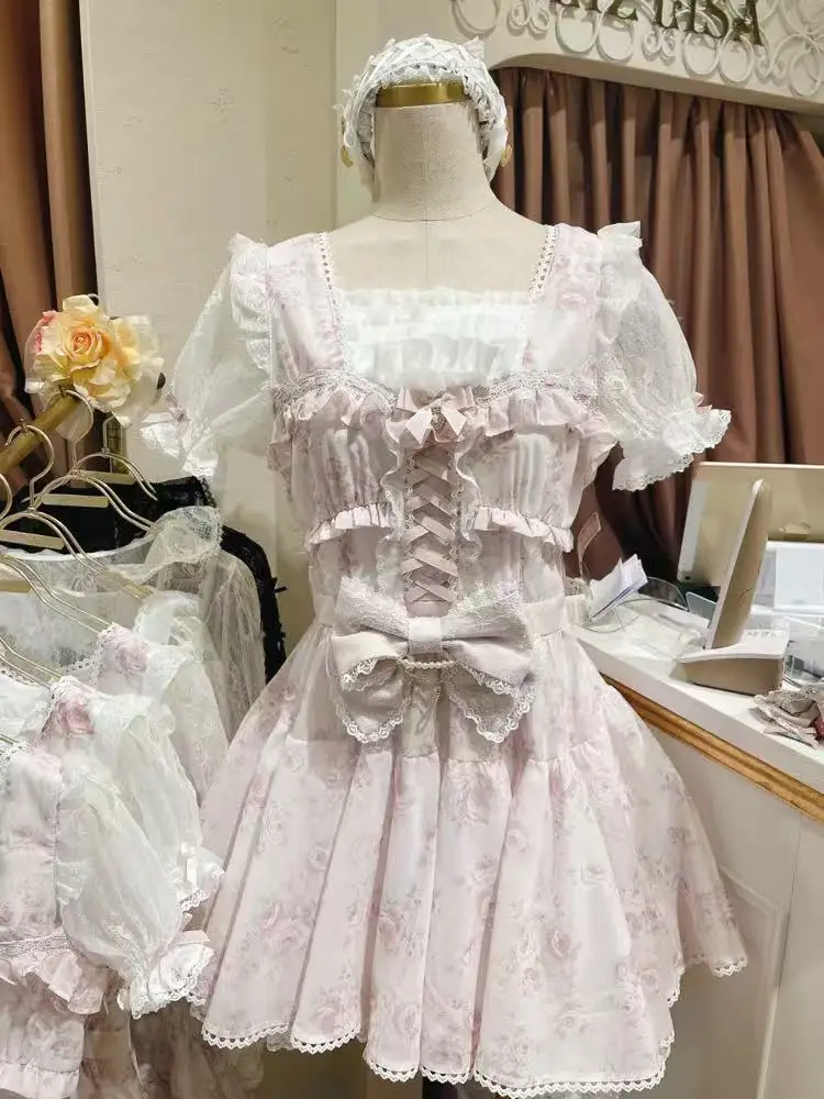 Liz Sweet Rose Ribbon Vita alta Lolita Dr Princ Gonna Nodo Stampa floreale Sle giapponese Dr