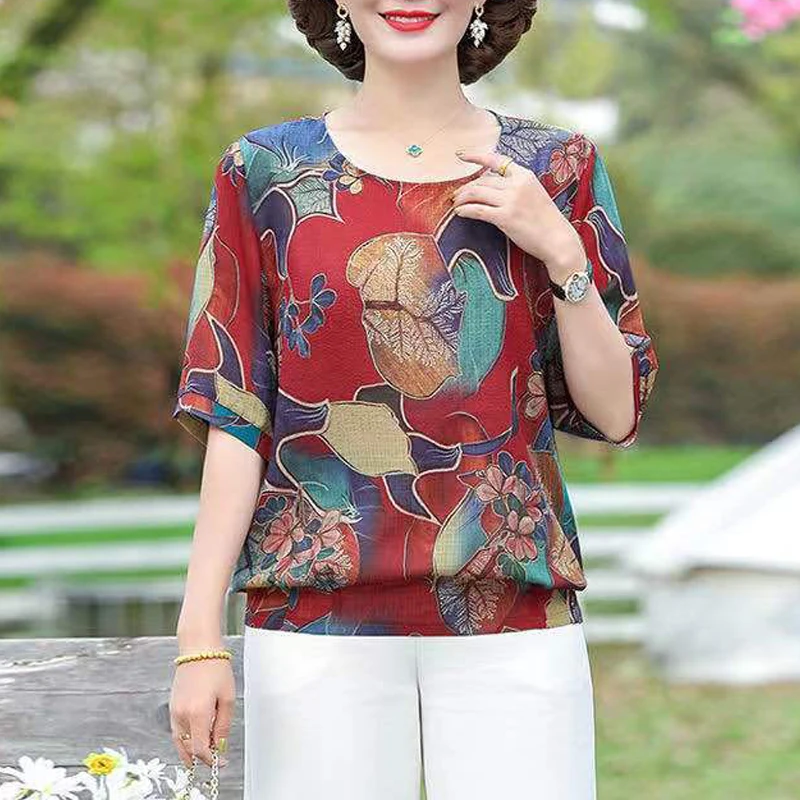 Women Clothing 2023 Summer Floral Print Vintage Elegant T-shirts Korean Fashion Round Neck Short Sleeve Casual Loose Ladies Tops