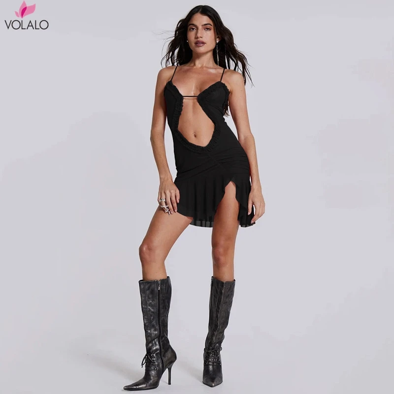 

VOLALO Mesh Ruffles Women Dress Hollow See Through Irregular Side Split Folds Skinny Sexy Mini Midnight Clubwear Bodycon