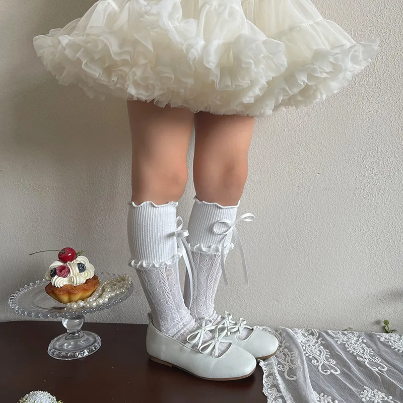 MILANCEL Spring Kids Straight Socks 3-8T Sweet Love Bow Girls Stacked Socks Children Knee-high Socks Solid Color Calf Socks