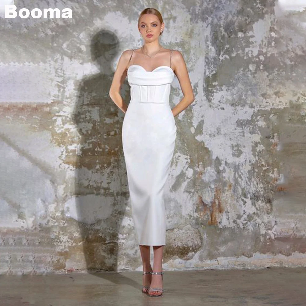 

Booma Elegant Midi Mermaid Wedding Party Dresses Sweetheart Sleeves Stain Evening Dresses for Women Tea-Length Bridals Gowns