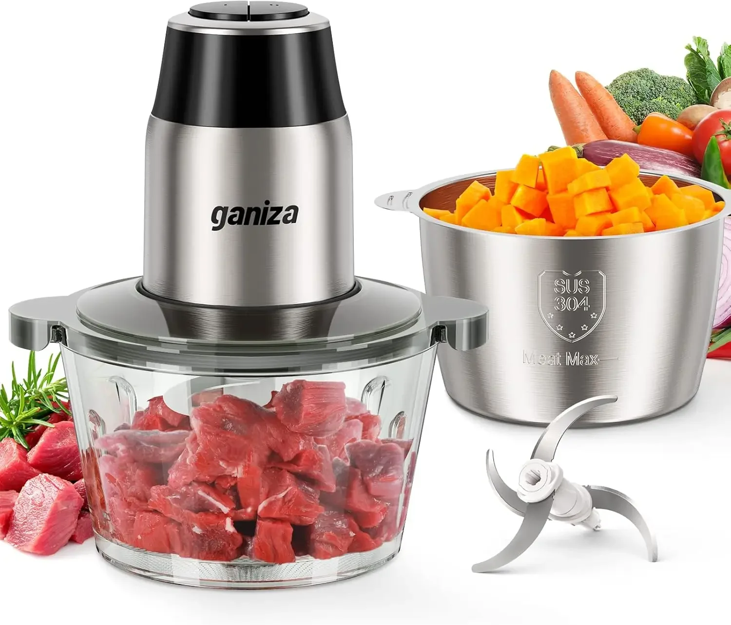 Food Processors, Electric Food Chopper W/Meat Grinder & Vegetable Chopper - 2 Bowls (8 Cup+8 Cup) W/ Powerful 450W Copper Motor