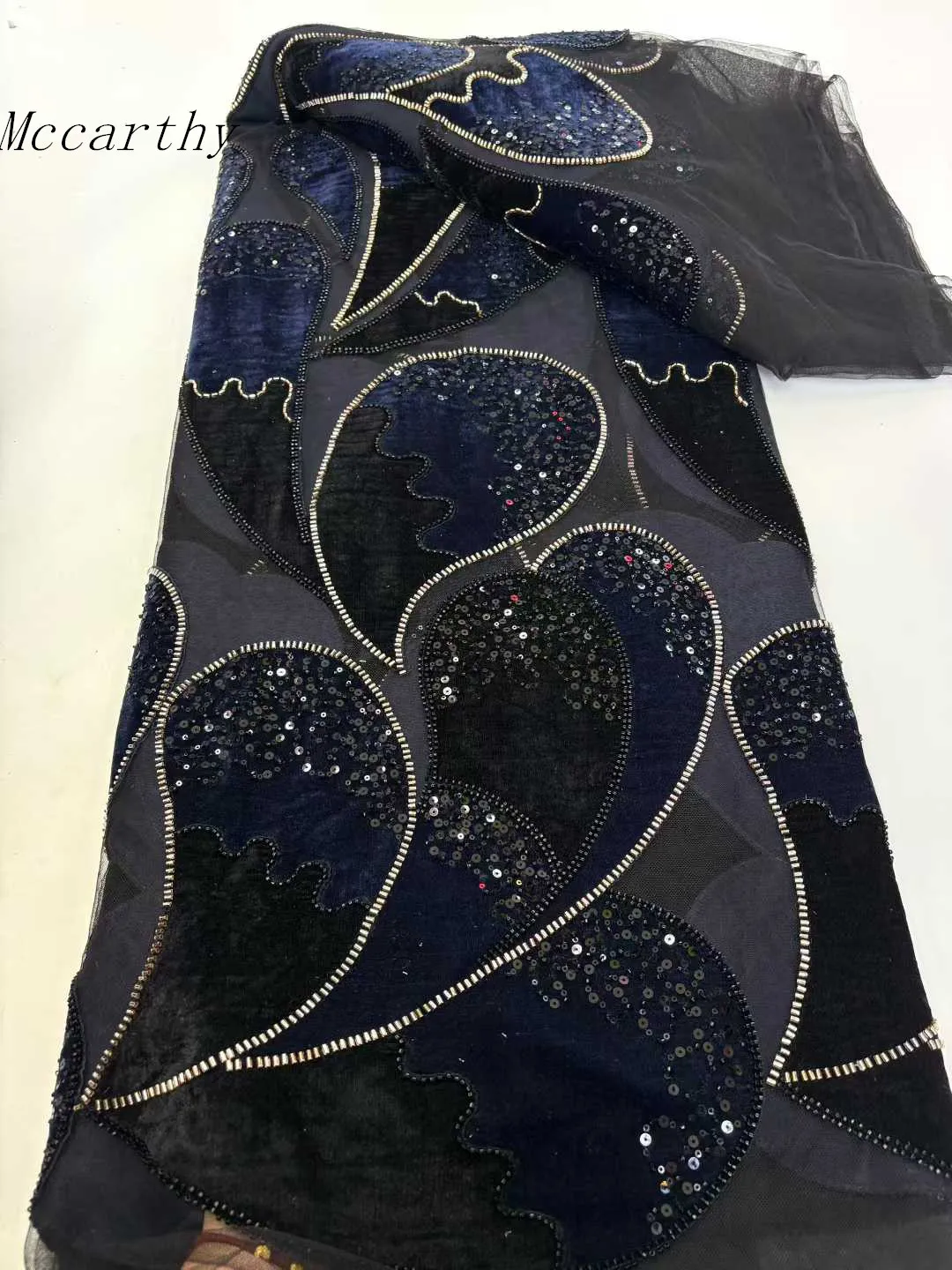 

Mccarthy Высококачественная африканская нигерийская кружевная ткань для шитья, бархатные блестки, вышитые бусины, свадебное платье, 5 ярдов XC6525