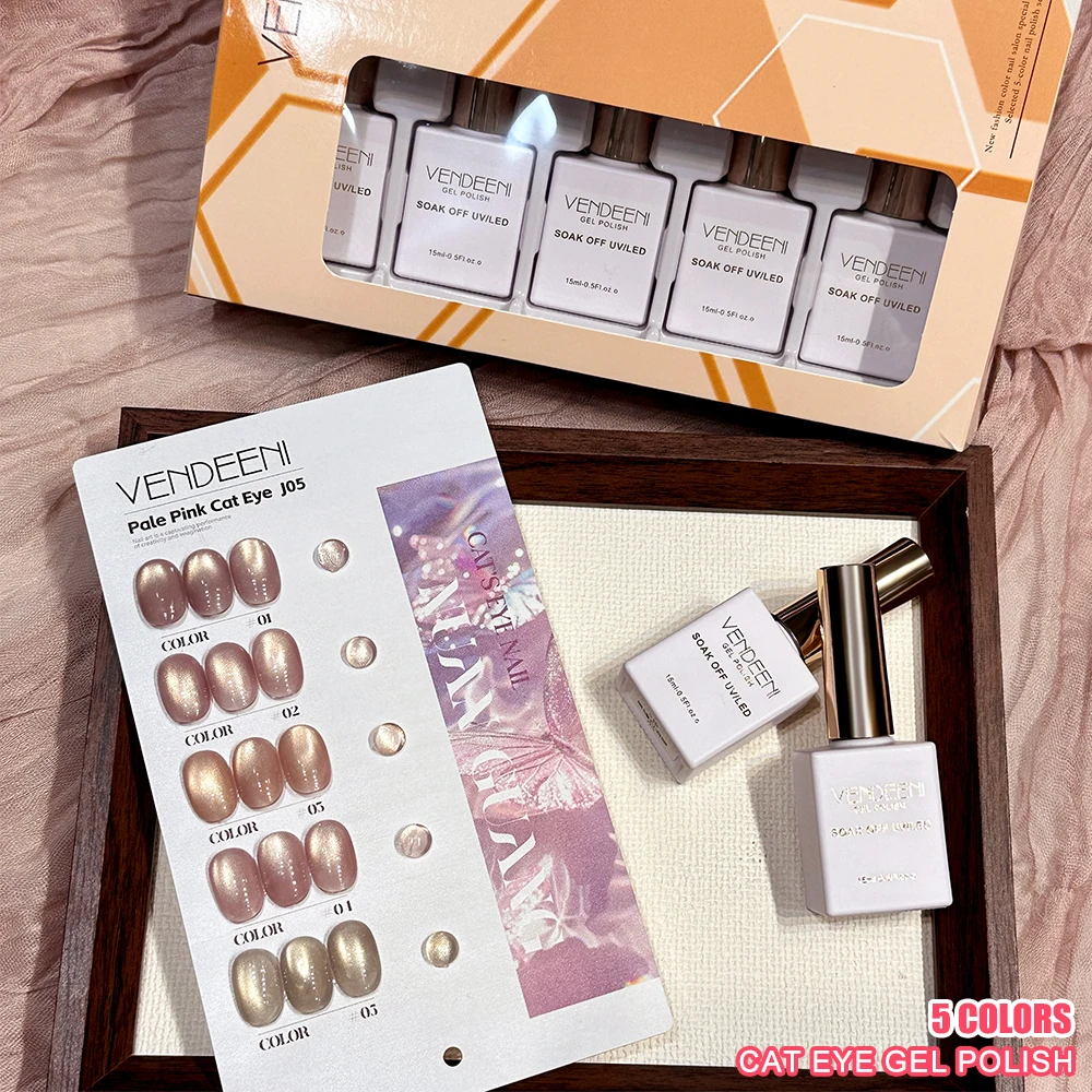 Vendeeni 5 Farben Pfirsichrosa Kristall-Katzenaugen-Gel-Nagellack-Set Magnetischer UV-LED-Gel-Lack Glasperlen-Katzenaugen-Gel mit Display – Detail 8