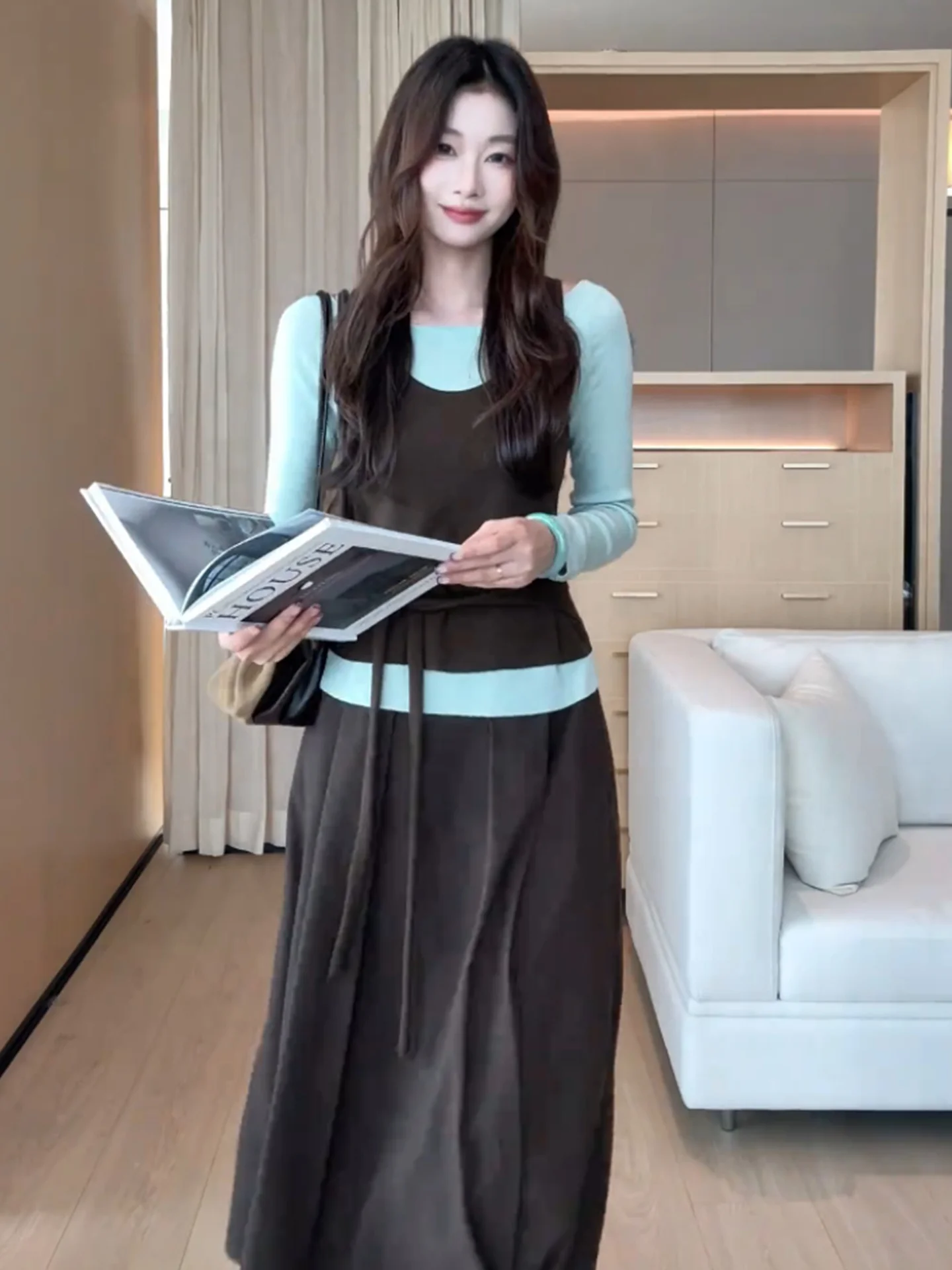 

Faionable Color Blo Long Sve Вязаный топ с поясом на талии Женская внутренняя одежда Простая основа irt Commute Sle Осенний сезон