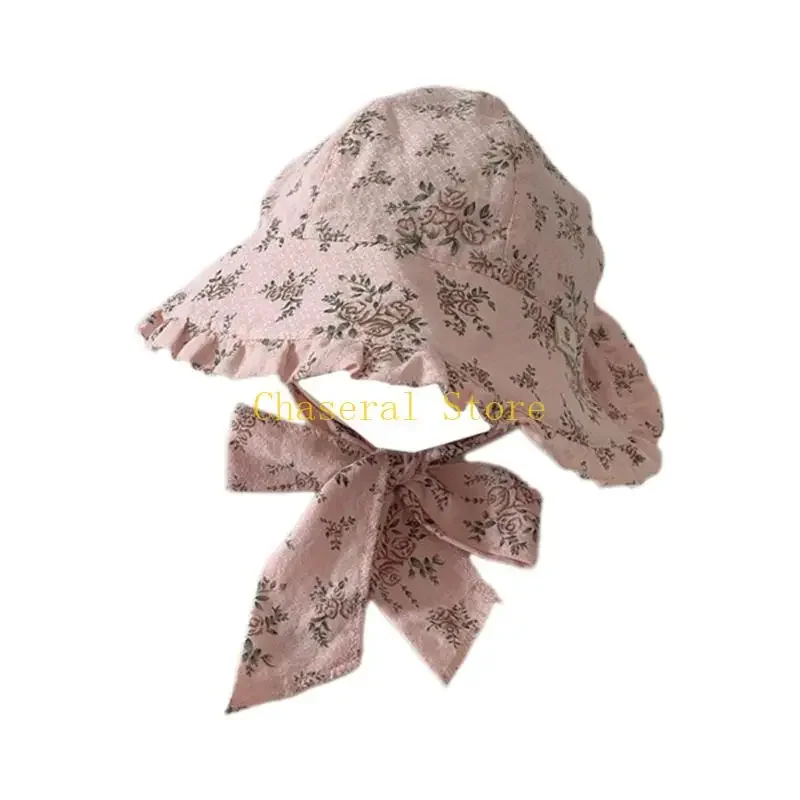 

E7CE Baby Wide Brimmed Sun Hat Floral Print Bucket Hat for Toddler Girls Adjustable Neck Strap Infant Cap Baby Accessories