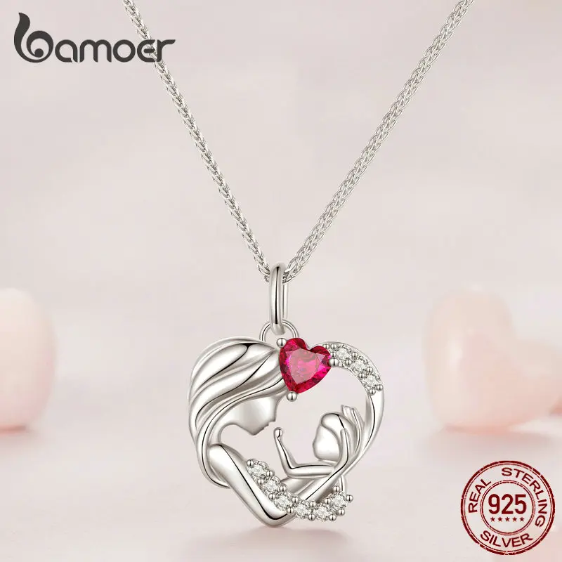 Bamoer 925 Sterling Silver Mother and Child Pendant Necklace for Women Mother's Day Birthday Fine Jewelry Gift BSN323