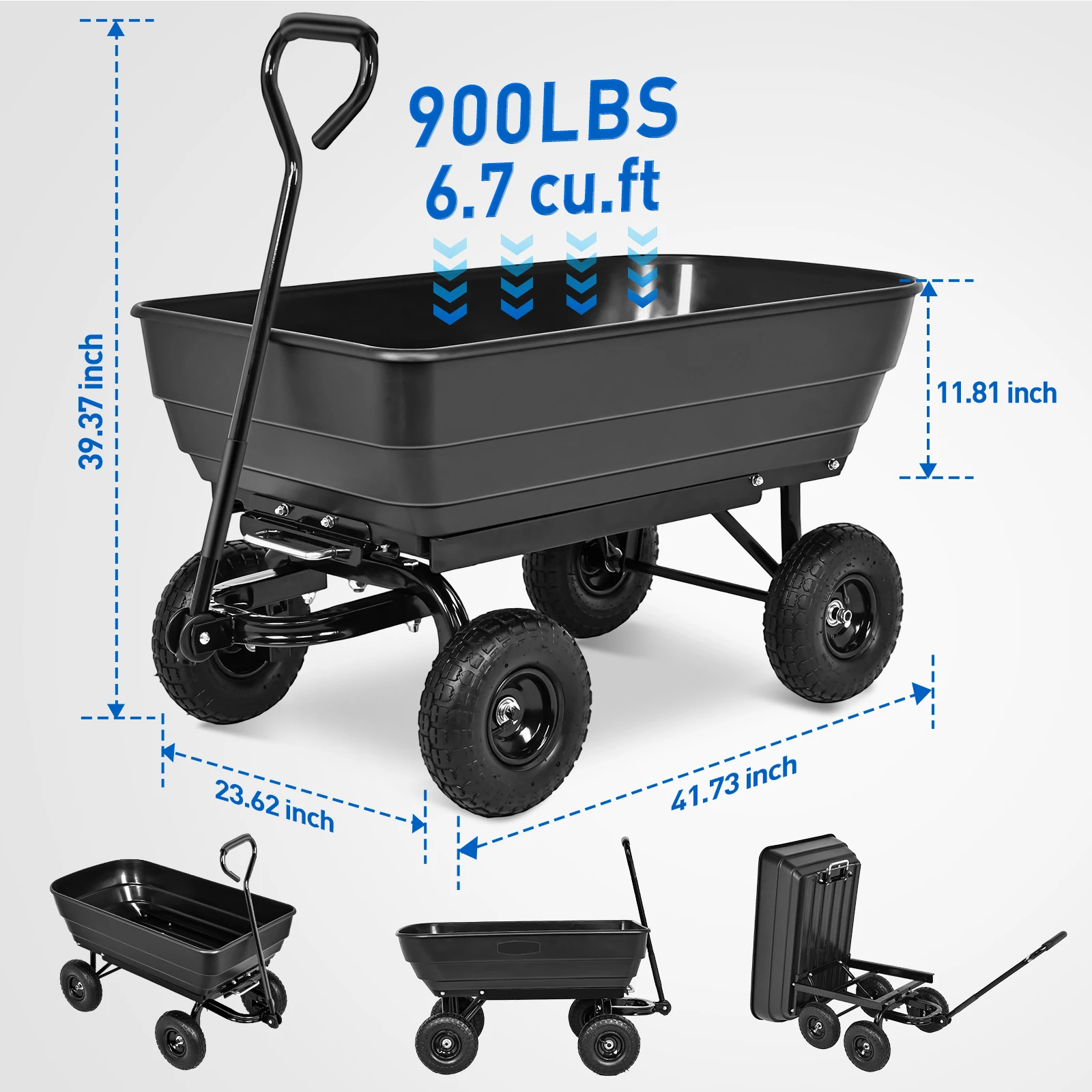Garden Carts - 900lbs Dump Wagon with All Terrain Inflatable Wheels for Yard Lawn Farms Gardening - Heavy Duty Utility Outdoor Hauling Wheelbarrow