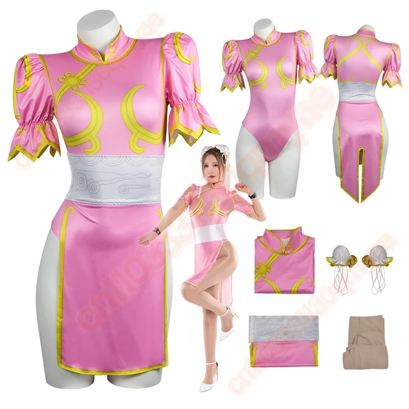 

Game Street Chun Li Cosplay Costume Sutorito Faita Cheongsam Pink Dress Women Girls Qipao Chunli Outfit Costume Halloween