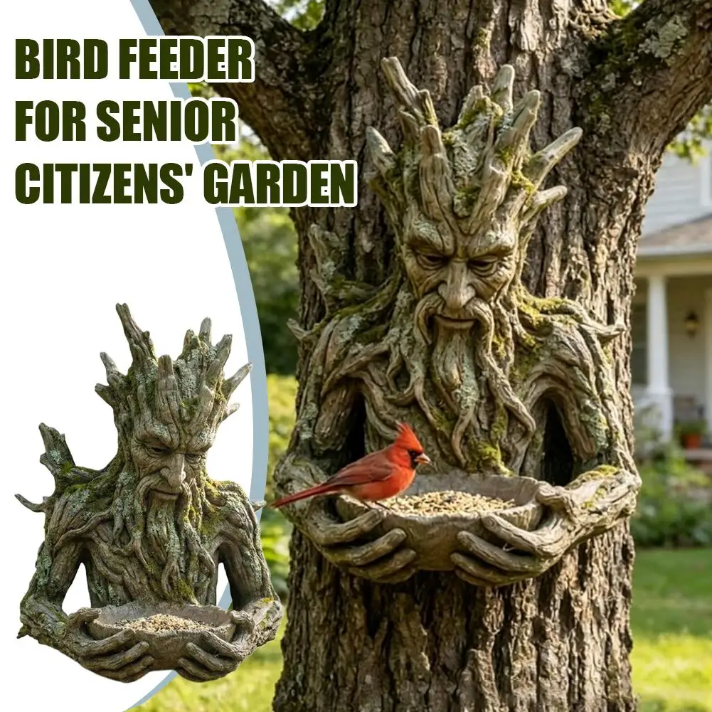 Baumgesicht-Vogelfutterspender Gartendeko Harz-Skulptur Alter Mann auf Baum Wildvogelfutterspender für Garten und Vogelbeobachtung