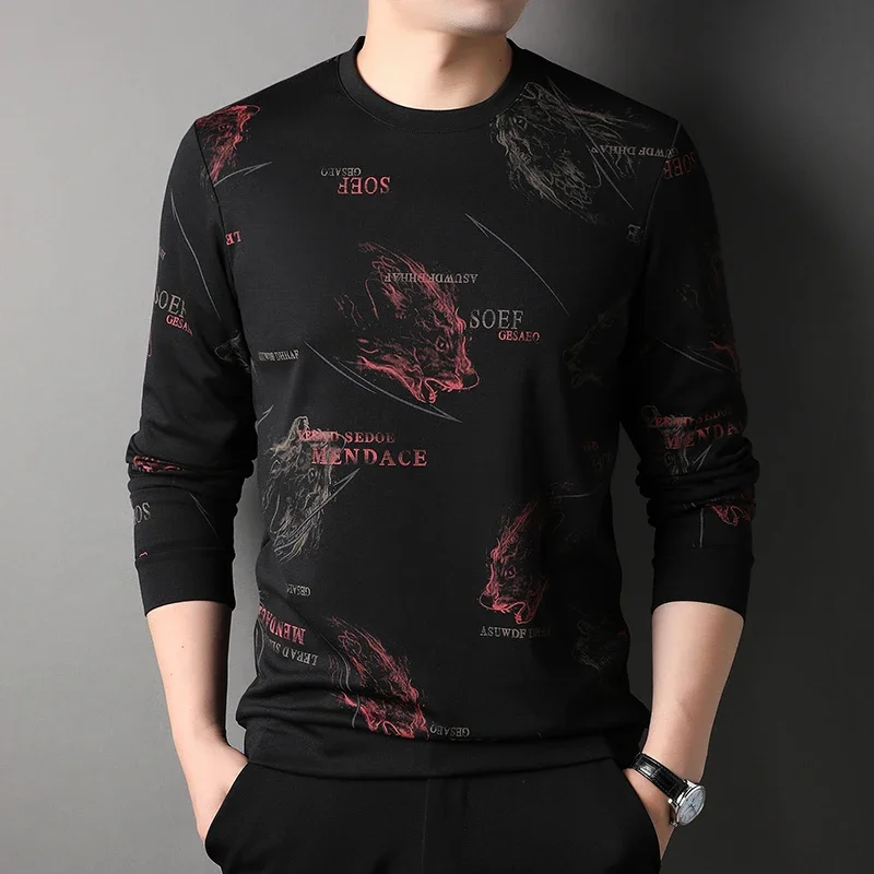 Spring New Round Neck Fashion Print Trendy and Handsome Men's Long Sleeved T-shirt Top Bottom