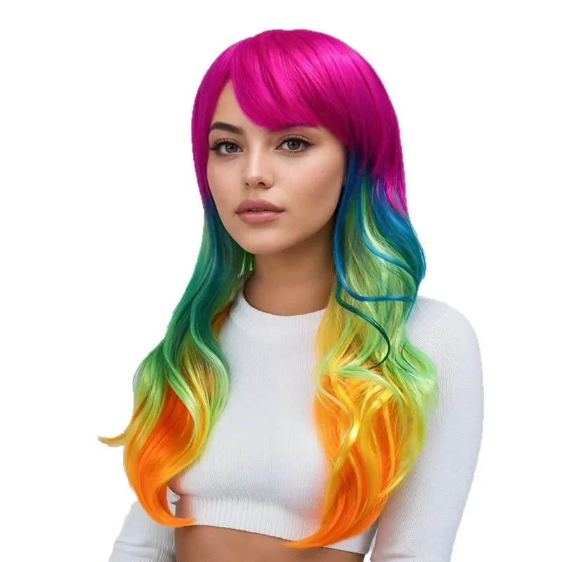 

European and American rainbow hair cover women colorful Harajuku gradual change oblique bangs long curly hair Cosplay animation