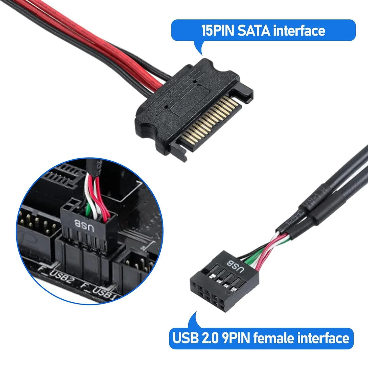 SATA 전원 케이블이 있는 9 핀 USB 헤더 분배기, 마더보드용 내부 USB 허브 익스텐션 USB 2.0 분배기 커넥터