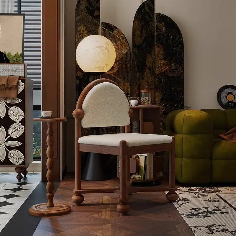 

Luxurious French Retro Solid Wood Dining Ensemble - Soft Lamb Fleece Upholstered Chairs, Stylish for Home Dining & Relaxing