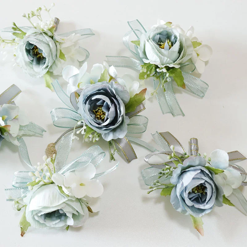 Corsage Wedding Boutonnieres Blue Roses Silk Bracelet Flowers Groom Man Suit Buttonhole Brooch Pins Marriage Accessories