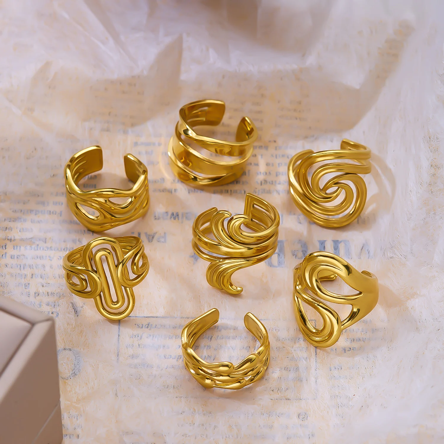 Stainless Steel Multilayer Wave Ring for Women Men Gold Plated Chunky Irregular Geometric Spiral Finger Ring Party Jewelry Gift view 3
