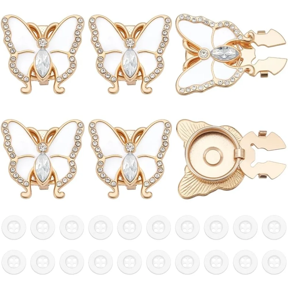6Pcs Butterfly Rhinestone Button Covers Alloy White Butterfly Button Cover Cufflinks with 20Pcs Plastic Buttons No Sewing Sleeve