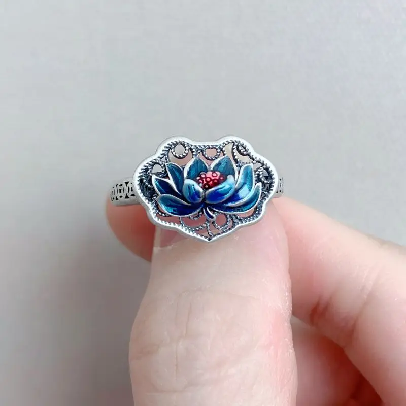 

925 Sterling Silver Vintage Blue Lotus Ring Filigree Craft Chinese style Flower Adjustable Opening Ring Jewelry for Women JZ121