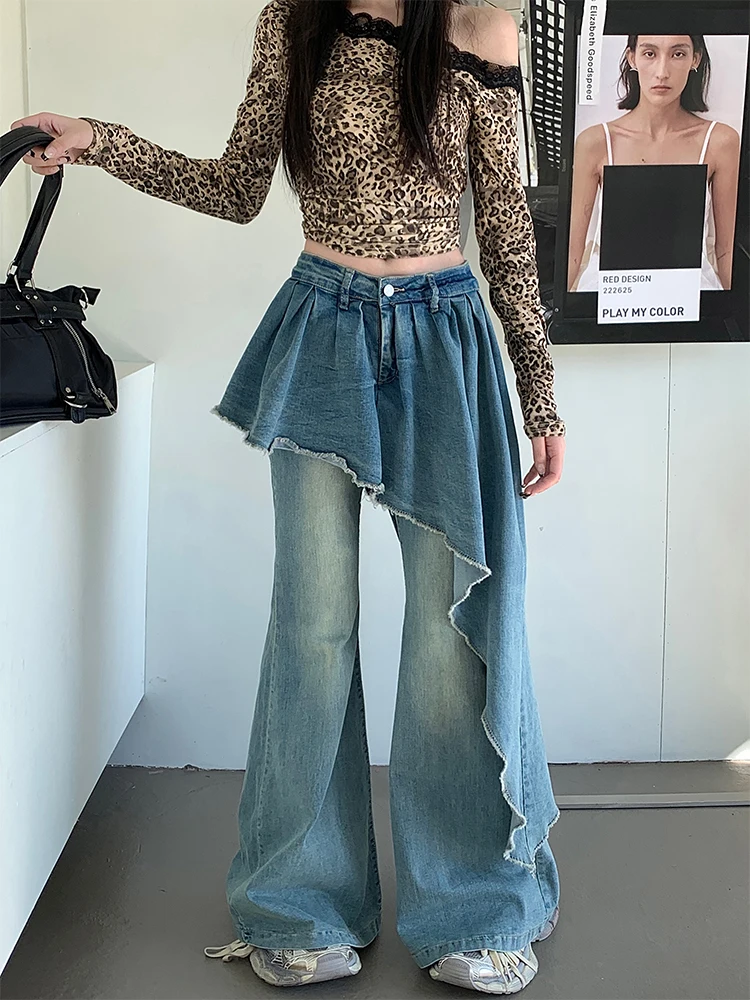 Women Goblin Core Gyaru Japanese Harajuku Y2K Jeans Low Rise Denim Patchwork Trumpet Pants Bell-Bottom Trousers Grunge Kpop Tide