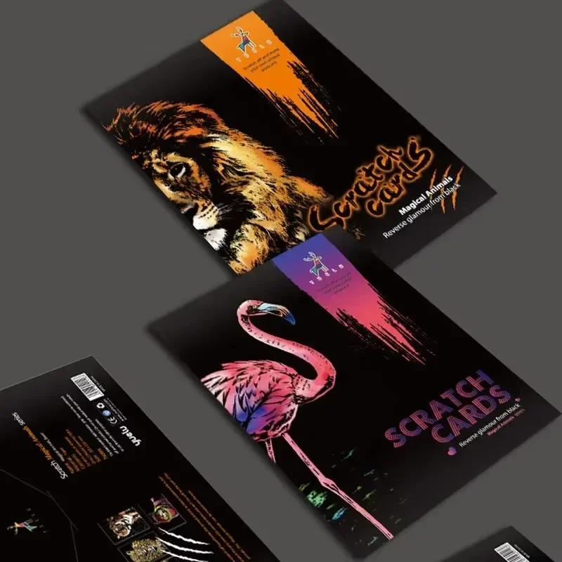 4 Pcs/Set A4 DIY Manual Scraping Painting Colorful Realistic Cartoon Animals Lion Wolf Flamingo Night View Scratch Drawing