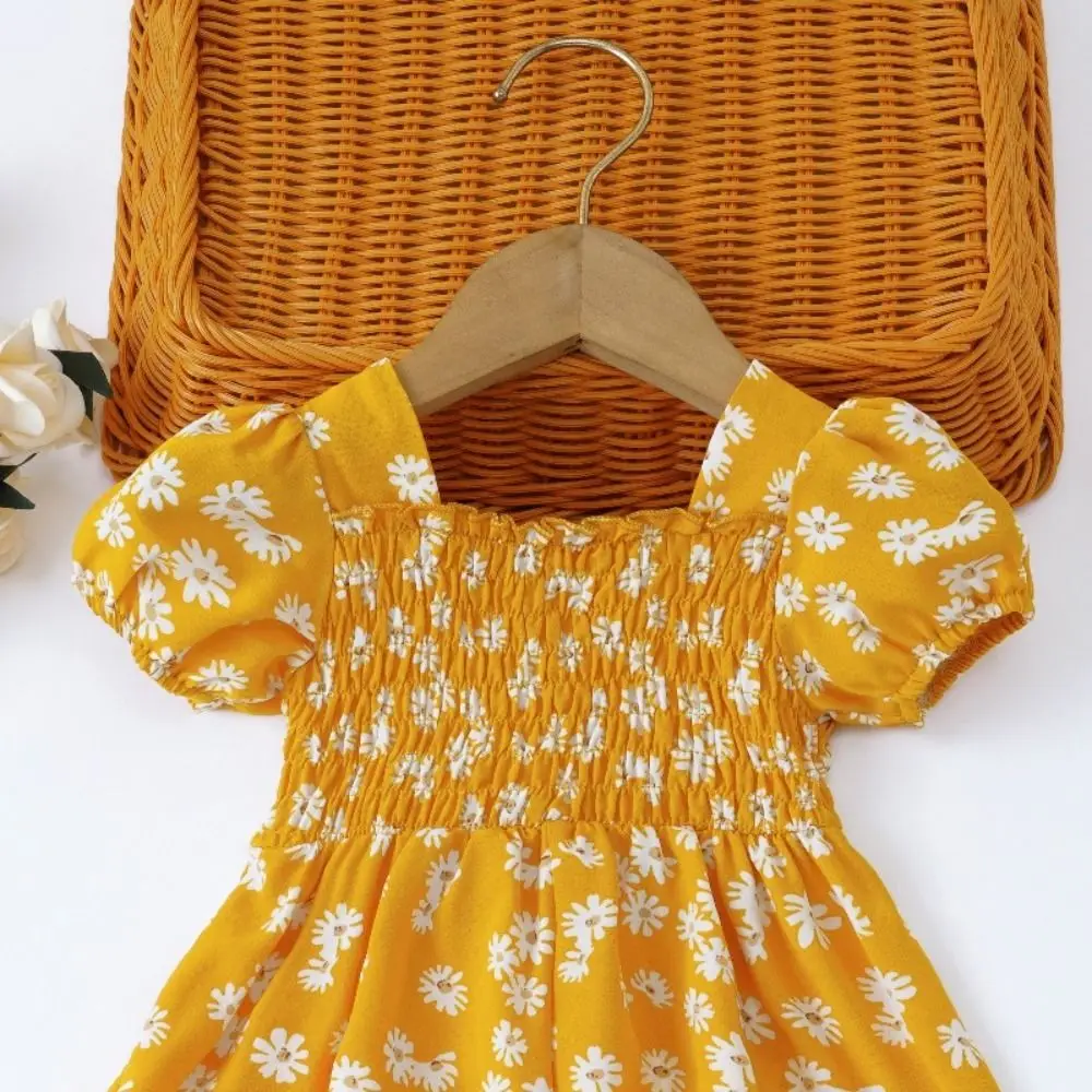 Robe de princesse à col carré pour petites filles, manches bouffantes, robe de fête d'été à fleurs, douce plage, vacances, robe d'anniversaire pour tout-petits