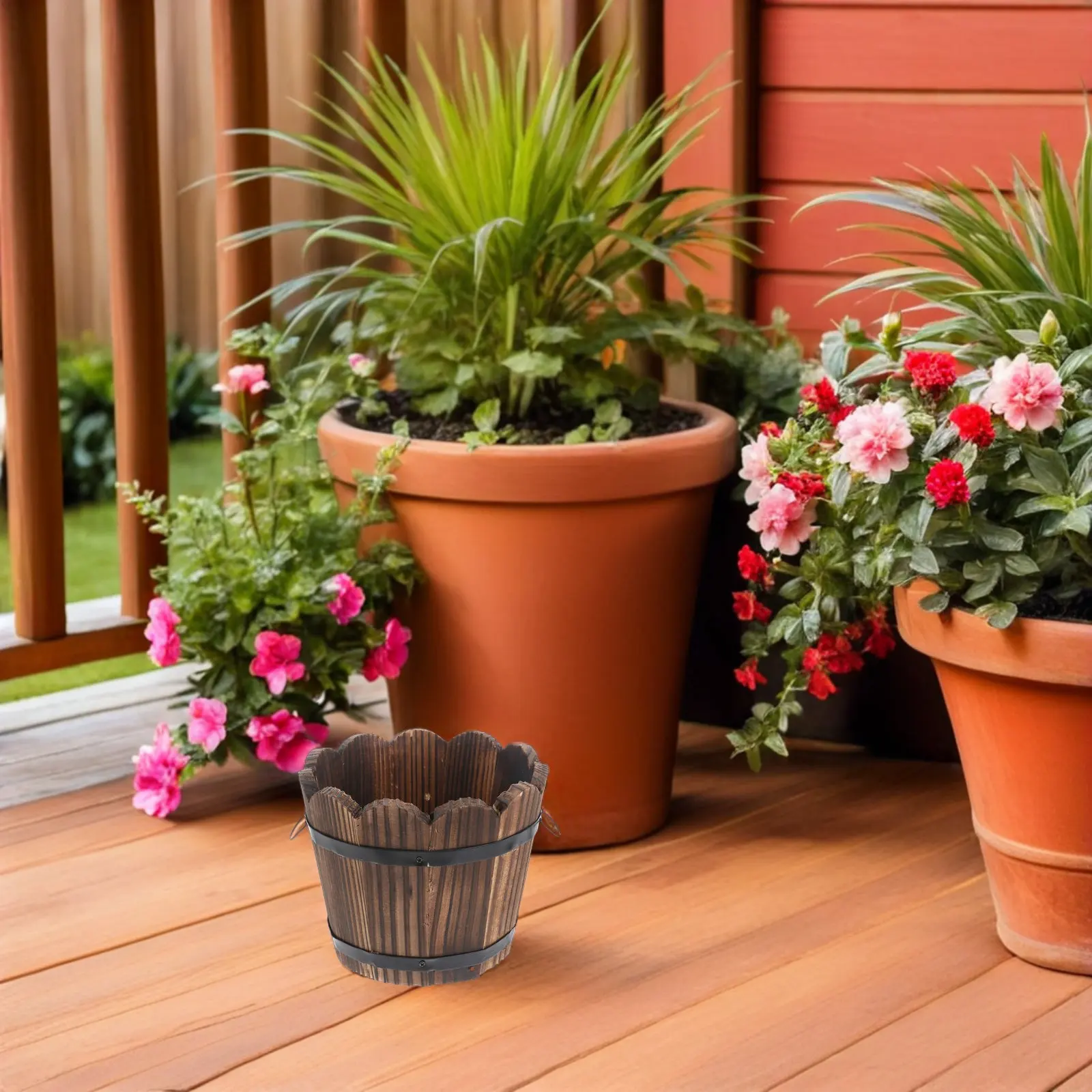2Pcs Solid Wood Carbonized Barrel Planter Set Mini Wooden Succulent Pots Rustic Garden Flower Pots Outdoor Indoor Patio Decor