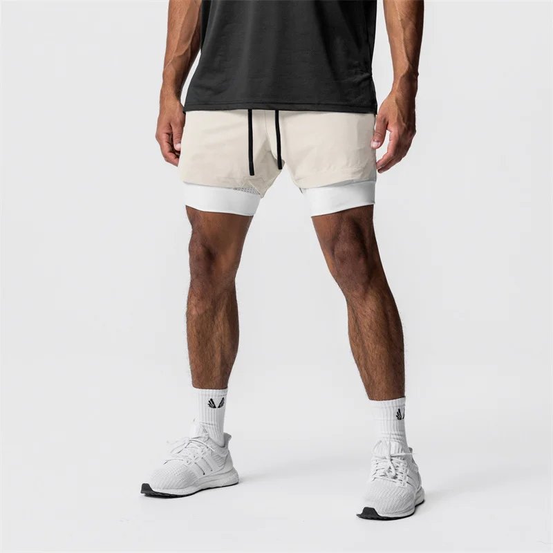 New Summer woven double-deck shorts Gyms Fitness Quick Dry Beach Shorts men 2 In 1 Multi-pocket sweatpants men Running shorts