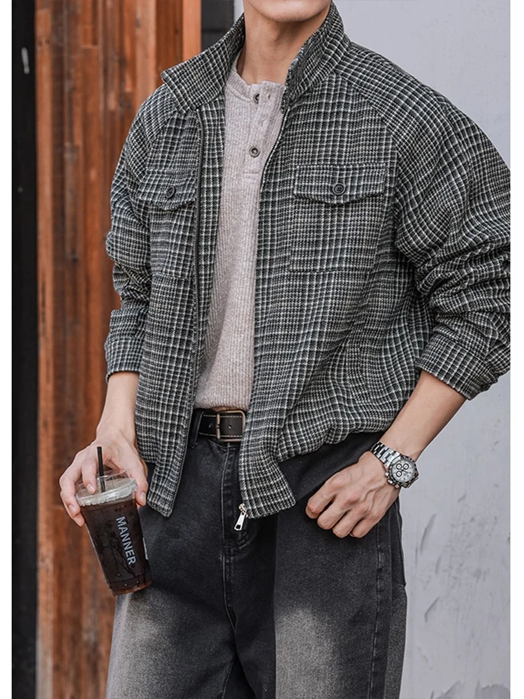 

ex American Plaid Harring-ton Leather Jaet ort Collar Cleanfit Couple Outerwear Youth Casual Sle Fall Season