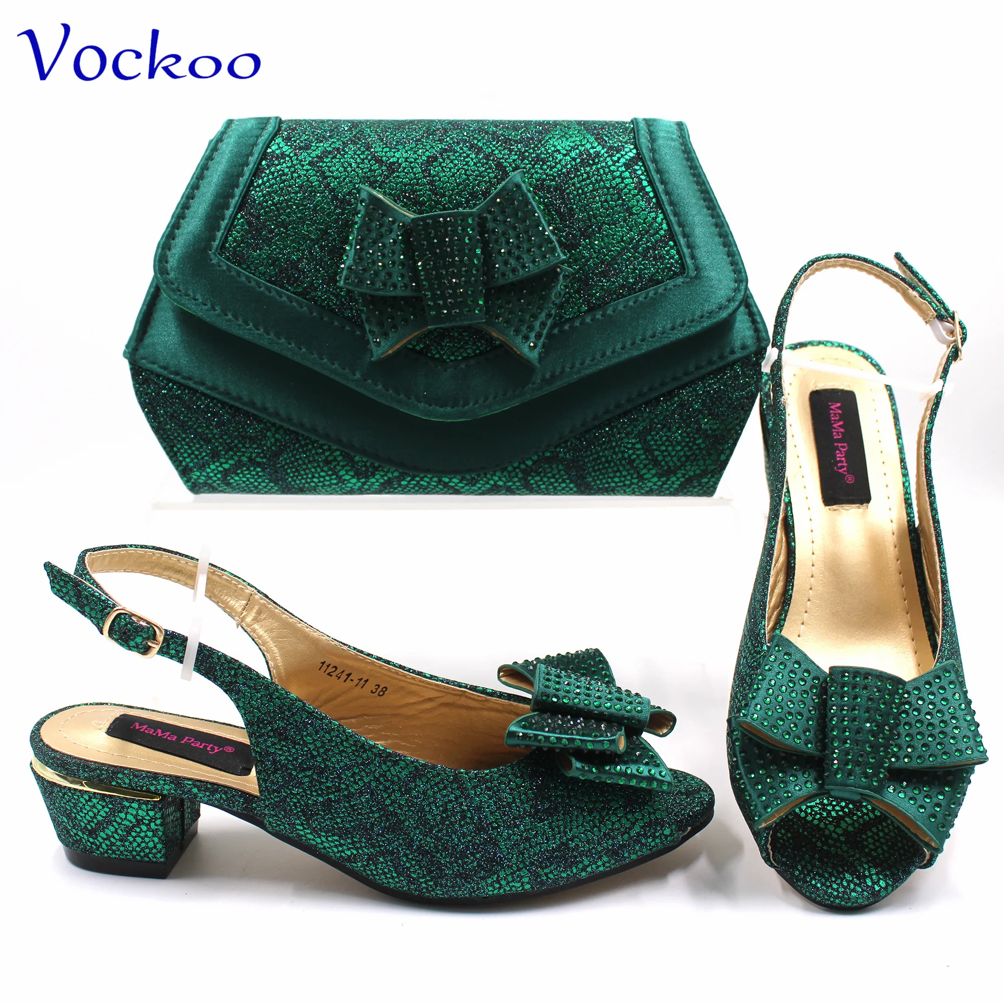 2024 New Design Specials Italian Women Shoes Matching Bag Set in Dark Green Color Comfortable Heels with Appliques for Wedding