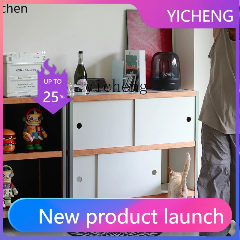 

W29 retro dining side cabinet mobile sliding door sundries locker small apartment storage bookcase short combination