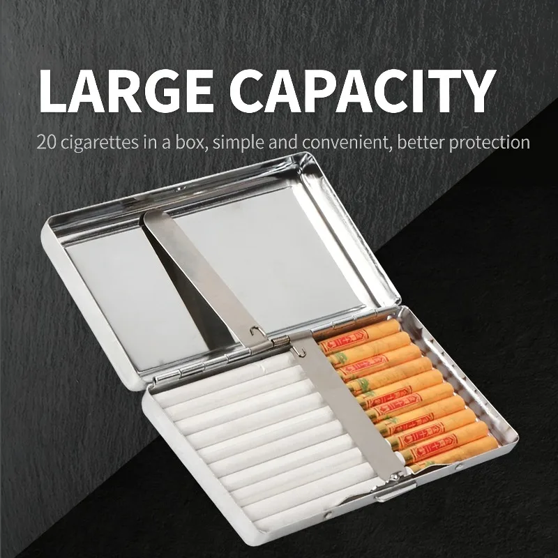 Paquete de 20 cajas de cigarrillos impermeables con clip de hierro alargado delgado, caja de cigarrillos portátil de metal de gran capacidad para hombres y mujeres, herramienta para fumar