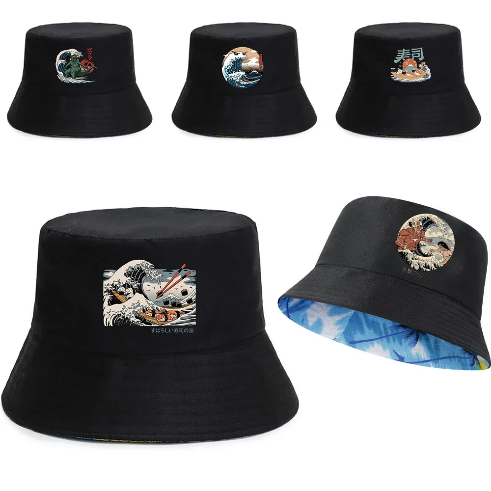 

2024 Women Summer Sunscreen Sun Cap Double-sided Fisherman Caps Men Casual Beach Fishing Hats Wave Print Pure Cotton Panama Hat