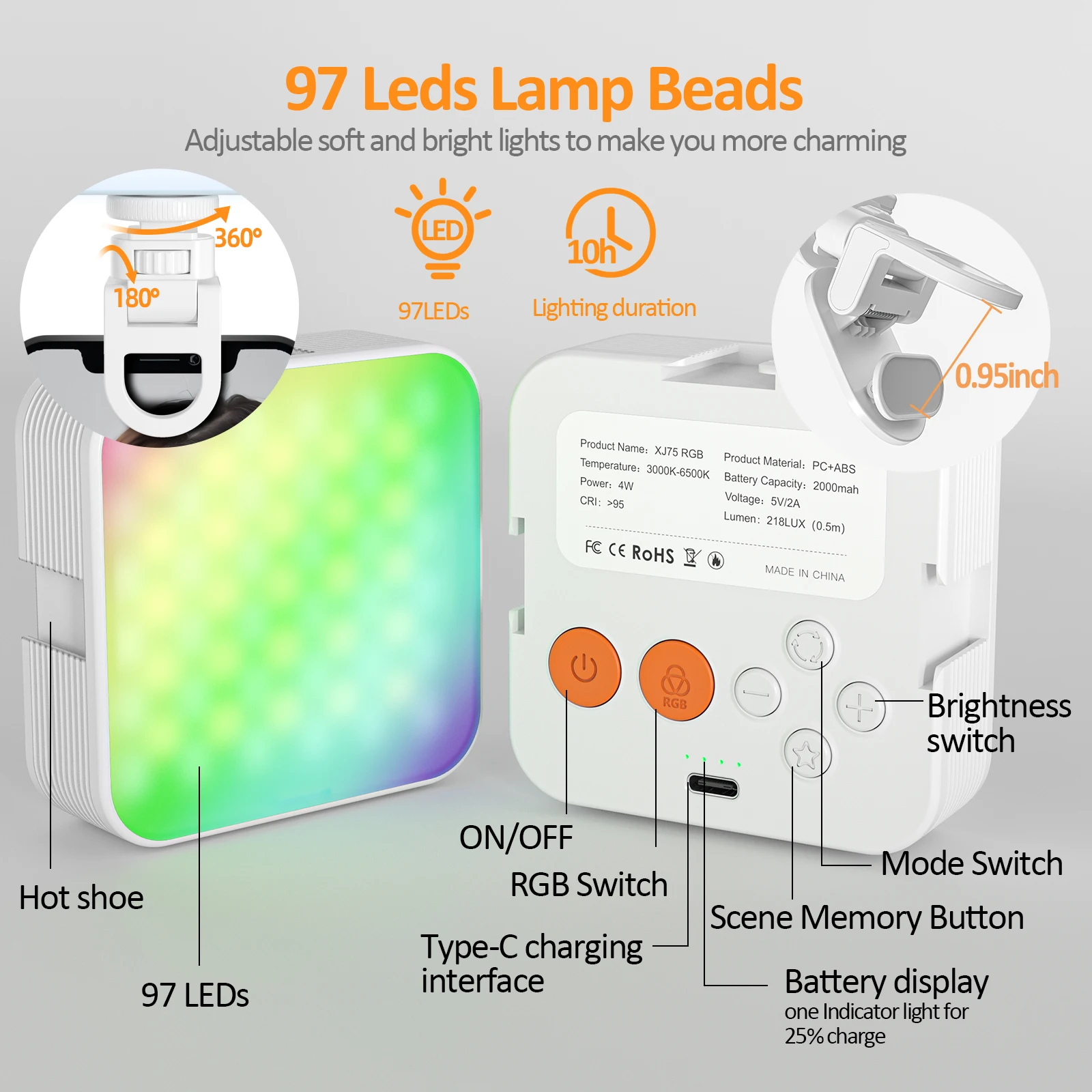 RGB Video Light 97Leds 3 Levels of Brightness LED Portable Atmosphere Rechargable Fill Light for Phone Webcam Laptop