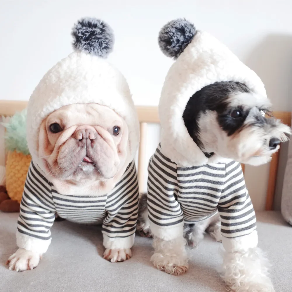French Bulldog Cotton Hoodies Winter Warm Dog Clothes for Chihuahua Striped Coat for Small Dogs Pet Puppy Hooded Jacket