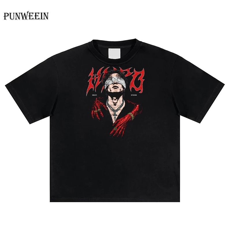 Men's Retro Gothic Blindfold Man Graphic T-shirt Y2K Dark Punk Streetwear Style Pure Cotton Top Aesthetic Harajuku Pullover Tee