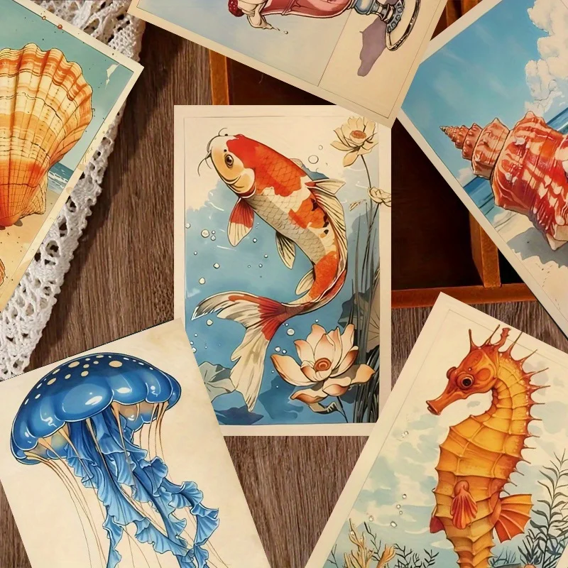 20PCS Retro Nostalgic Style Sunshine Beach Scenery Postcards, Afternoon Tea Time Art Posters Cardboard Postcards