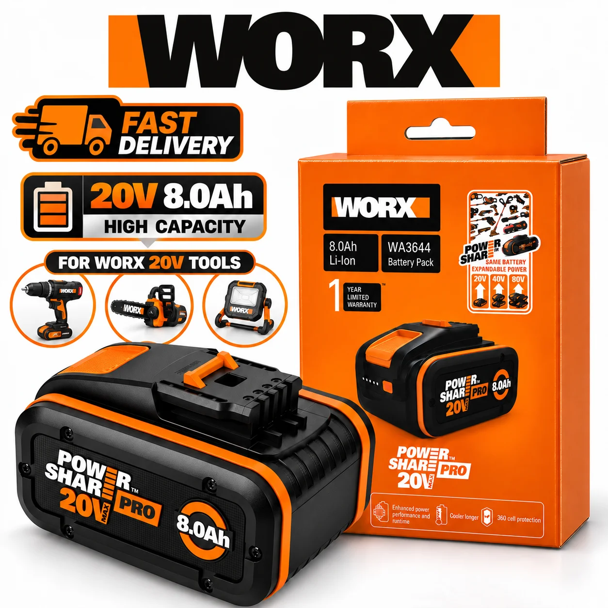100% Genuine WORX 20V 8.0Ah Li-ion Battery Original PowerShare Replacement Battery for WORX Cordless Power Tools