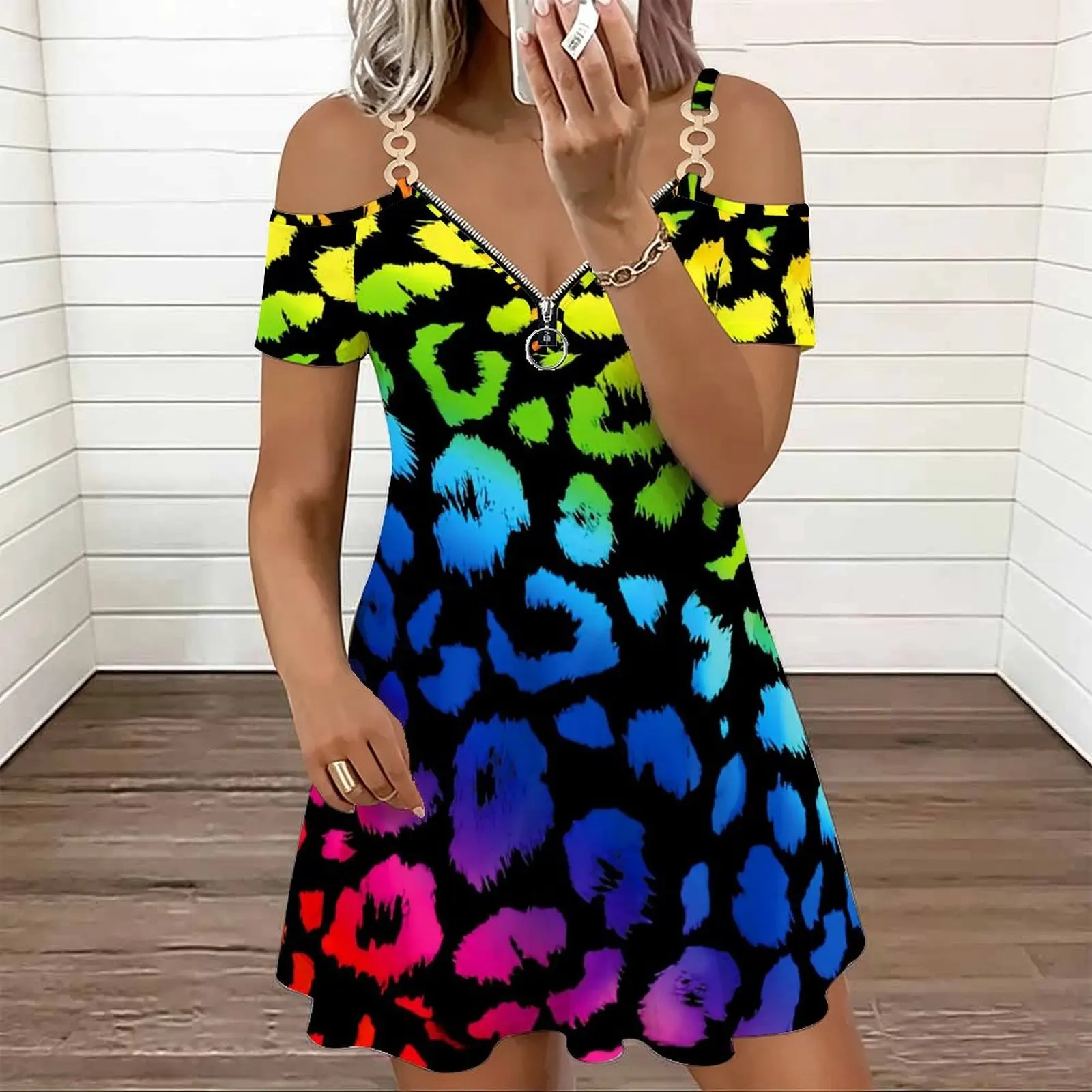 Women Off Shoulder Mini Dress Metal Ring Strap Zipper V Neck Short Sleeve Plaid Leopard Sequin Patchwork Summer Short Dress